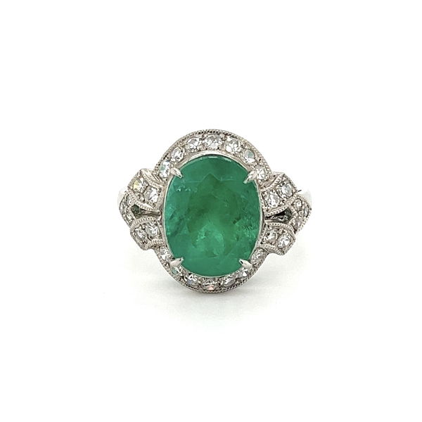 Closeup photo of Platinum 4.20ct Oval Columbian Emerald GIA & .61tcw RBC Diamond Ring 7.0g, s6.75