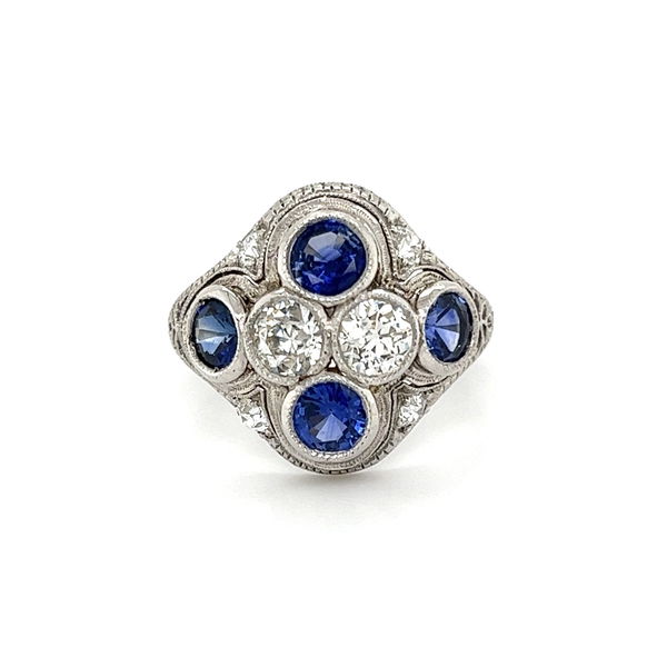 Closeup photo of Platinum Art Deco Quad Sapphire & 1.18tcw Diamond GIA Engraved Ring 6.6g, s7