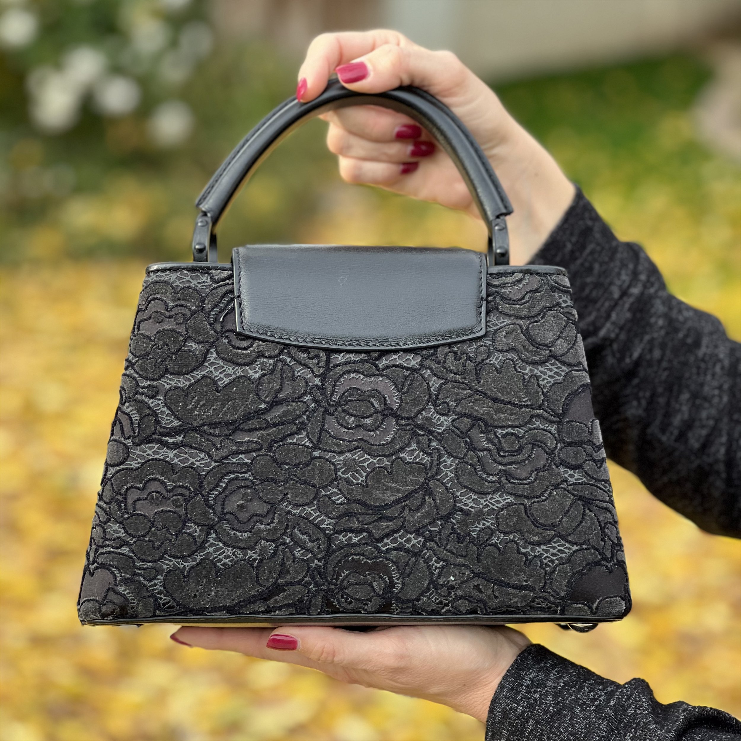 Louis Vuitton Taurillion Capucines MM Black Lace Floral Velvet