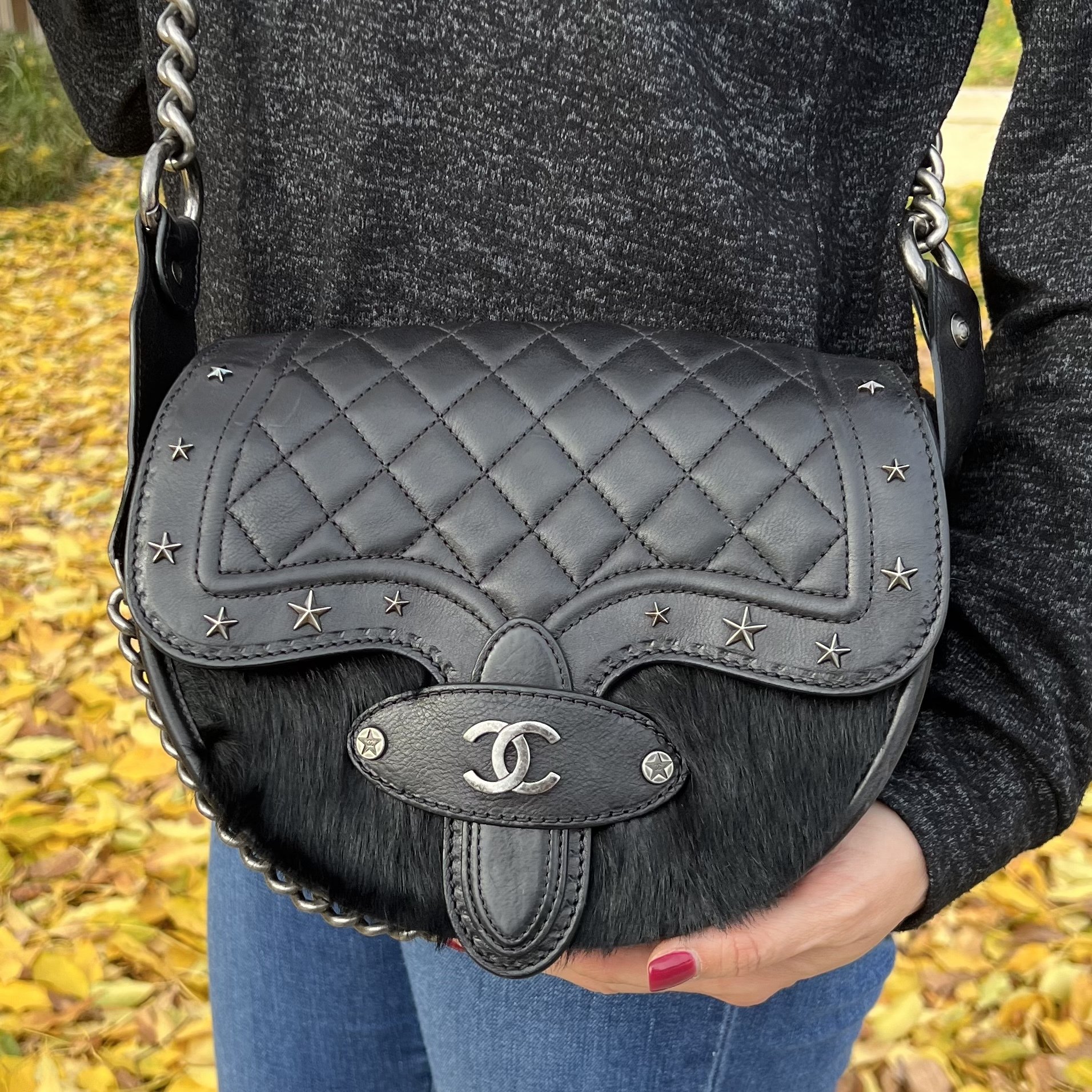 Chanel Black Pony Hair Calfskin Leather Star Crossbody Handbag