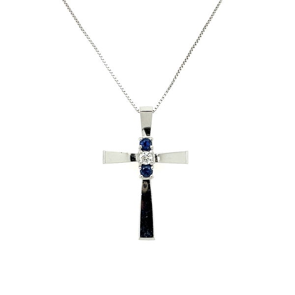 Closeup photo of 14K WG .07ct Diamond & .18tcw Blue Sapphire Cross Necklace 2.9g, 20"