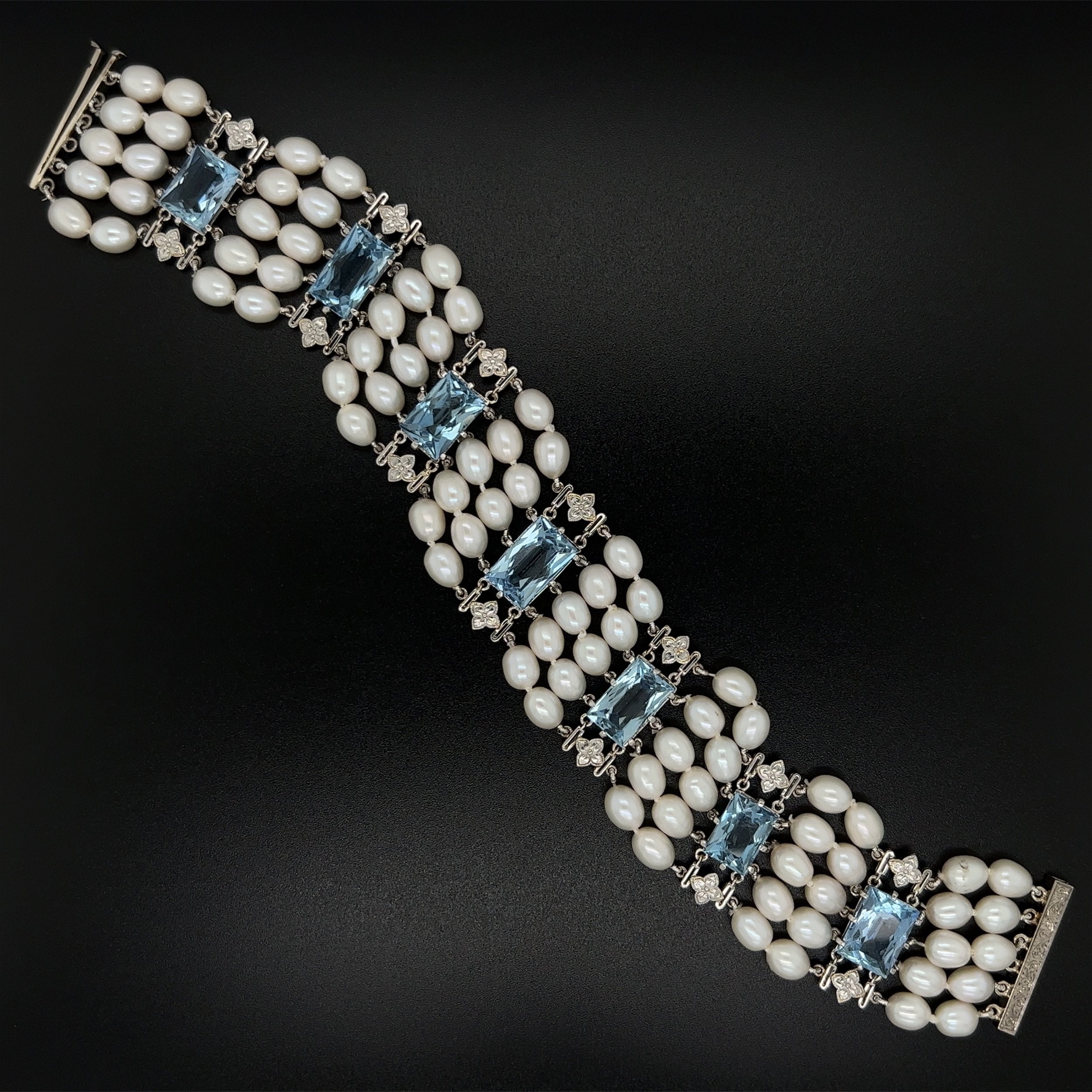 14K WG 1950's 28tcw Deep Blue Rectangular Aquamarine & Pearl Bracelet 43.1g, 1x7.5"