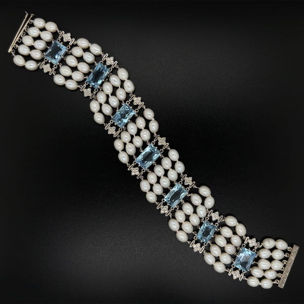 Closeup photo of 14K WG 1950's 28tcw Deep Blue Rectangular Aquamarine & Pearl Bracelet 43.1g, 1x7.5"