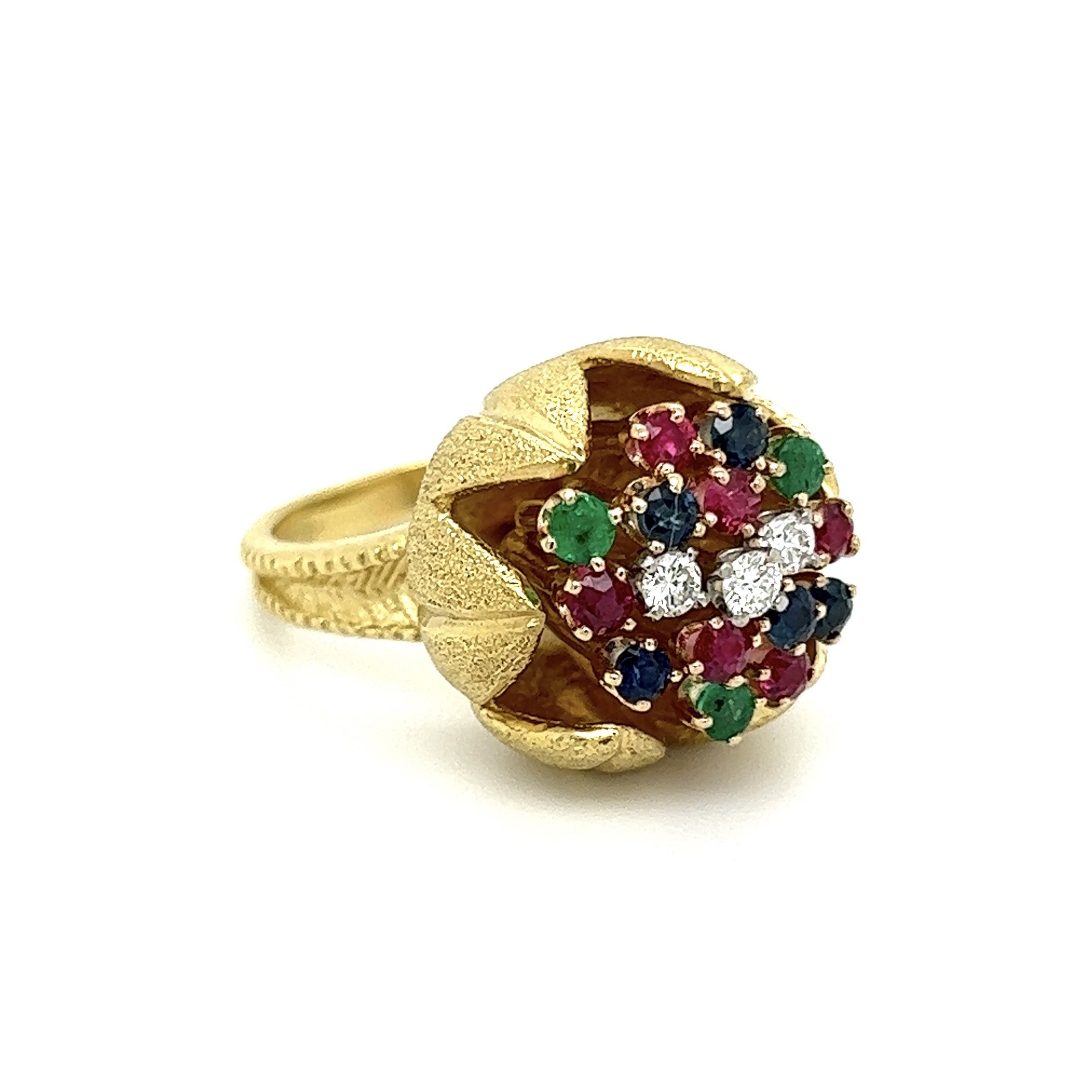 18K YG Gorgeous Floral Ruby, Emerald, Sapphire & .18tcw Diamond Ring 13.3g, s5.75