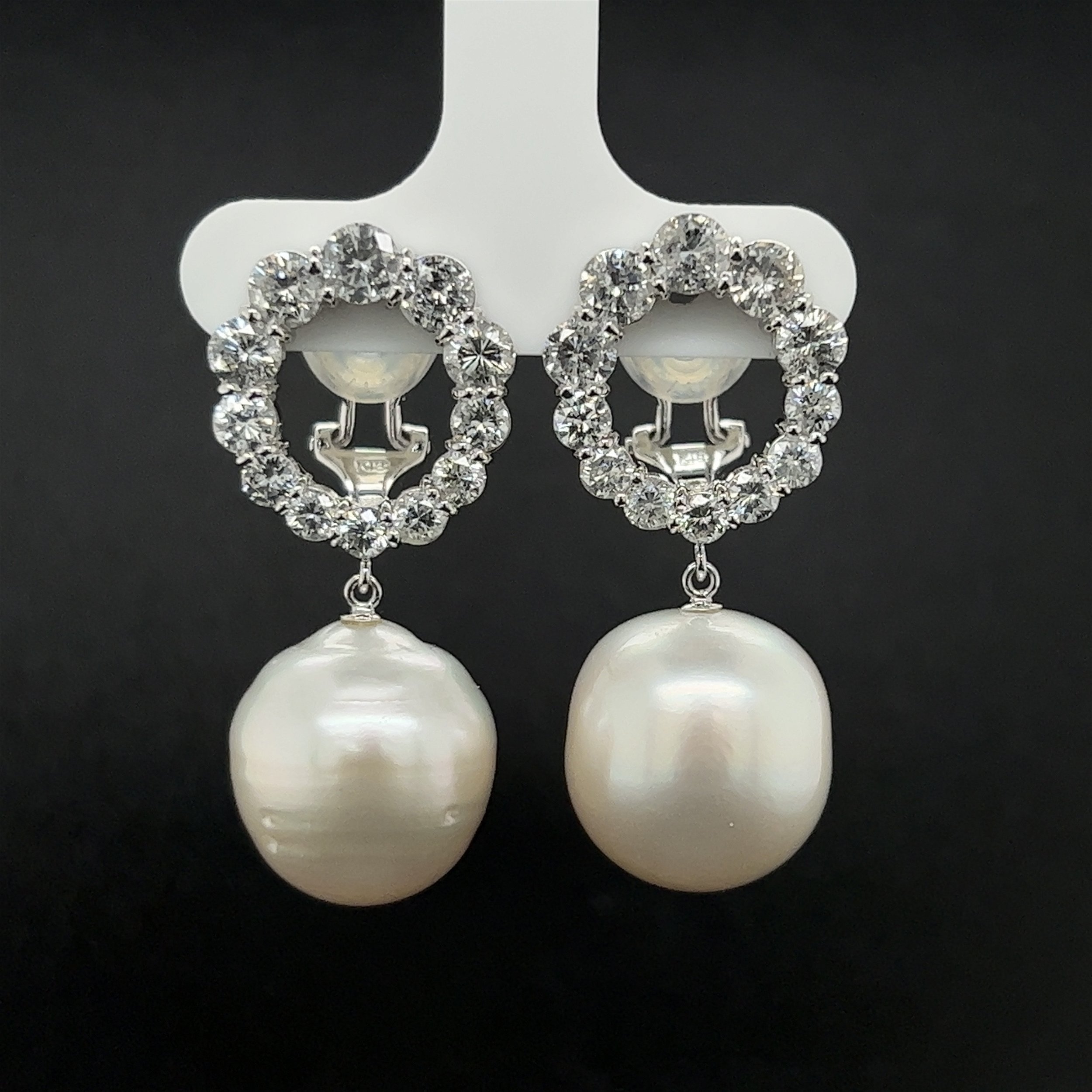 Platinum 14.5mm White Cultured Pearl & 3.18tcw Diamond Clip Earrings 16.8g, 1.35"