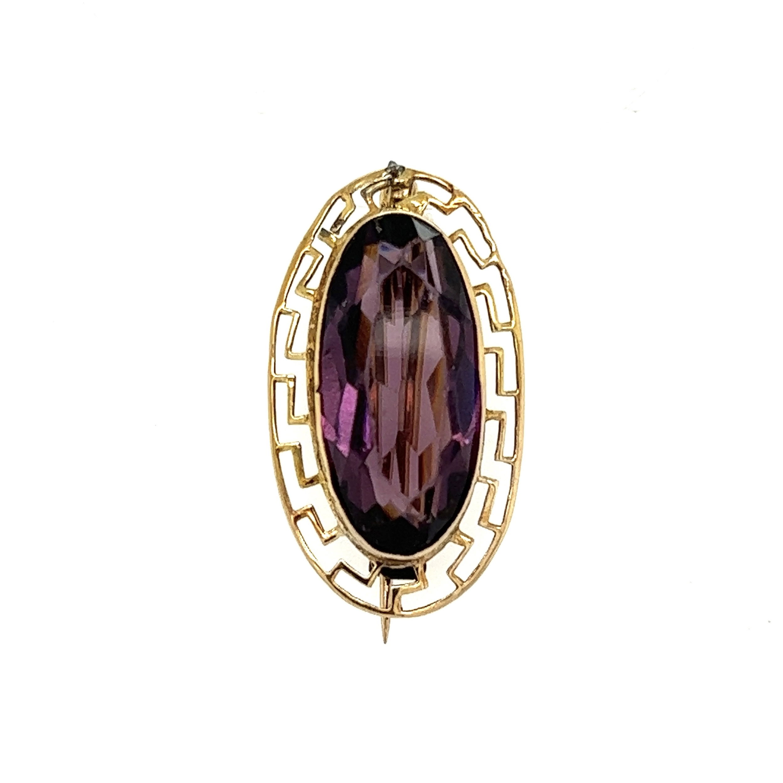 14K YG Victorian Long Oval 6.5ct Abraded Bezel Amethyst Brooch 4.0g, 30mm