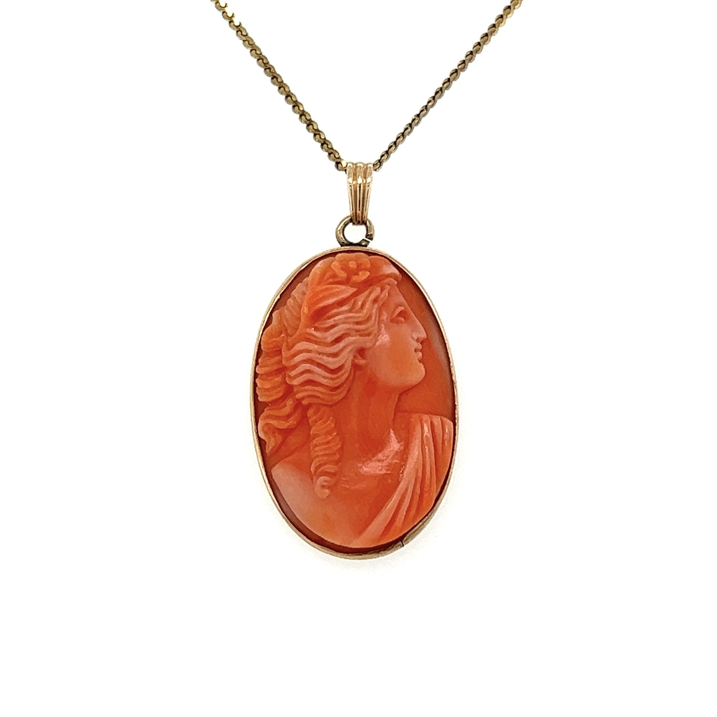 10K YG Victorian Carved 30mm Coral Cameo Necklace on 14K Chain 3.9g, 17"
