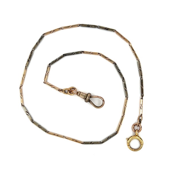 Closeup photo of 9K YG & Silver Victorian Alternating Section Watch Chain 7.4g, 13"