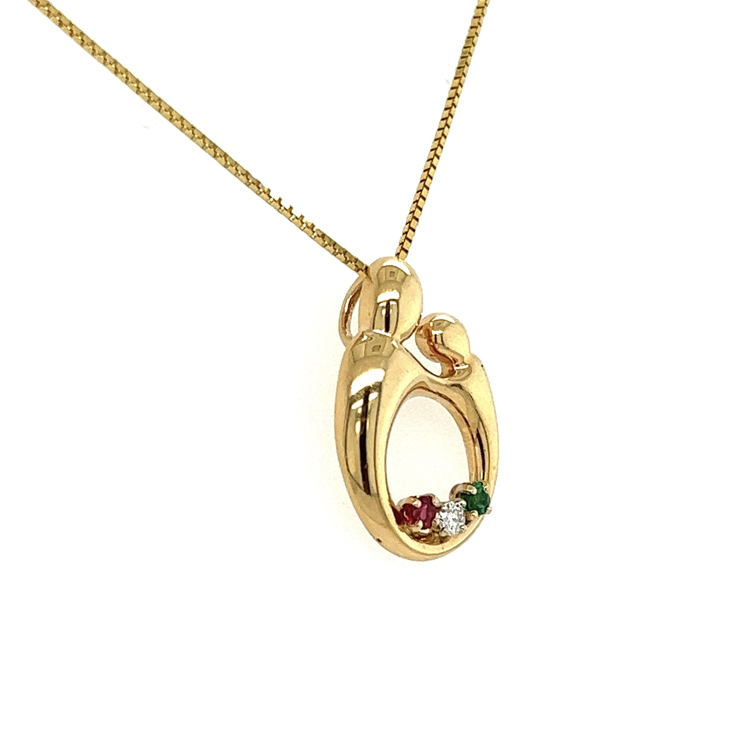 14K YG Mother & Child .05ct Ruby, .04ct Diamond & .03ct Emerald Necklace 3.9g, 18"