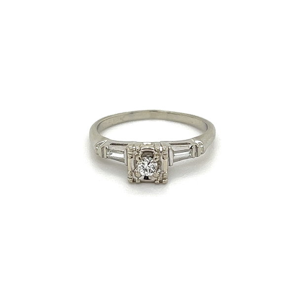 Closeup photo of 18K WG Mid Century MIRACLE .08ct RBC Diamond & .04tcw Baguette Diamond Ring 2.6, s5.25
