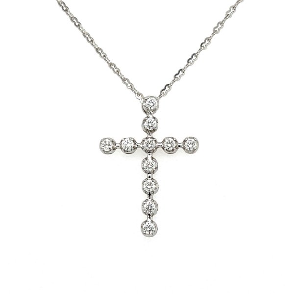 Closeup photo of 18K WG .79tcw RBC 11 Diamond Cross Necklace 4.7g on 18" Link Chain