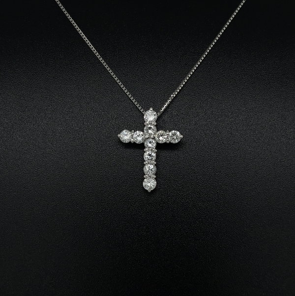 Closeup photo of Platinum 900 1.00tcw RBC 10 Diamond Cross Necklace 4.1g on Platinum 850 18” Chain
