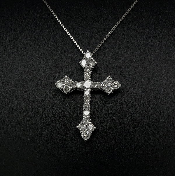 Closeup photo of Platinum 900 1.00tcw Guinevere 24 RBC Diamond Cross Necklace 5.7g on Platinum 850 18” Chain
