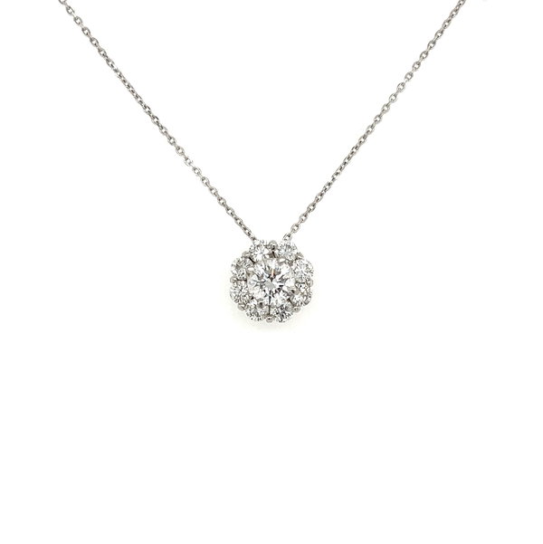 Closeup photo of Platinum 900 .71ct RBC Diamond & .80tcw Diamond Halo Solitaire Necklace 3.9g on PT850 18" Chain