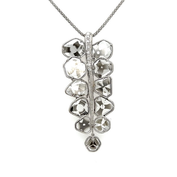 Closeup photo of 18K WG 4.12tcw 11 Rare Trapiche Diamond Leaf Necklace & .08tcw Diamond Necklace 7.8g