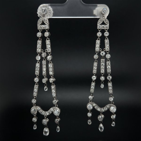 Closeup photo of Platinum 1.60tcw Briolette Diamond & 5.08tcw OEC Diamond Chandelier Earrings 14.4g, 3"