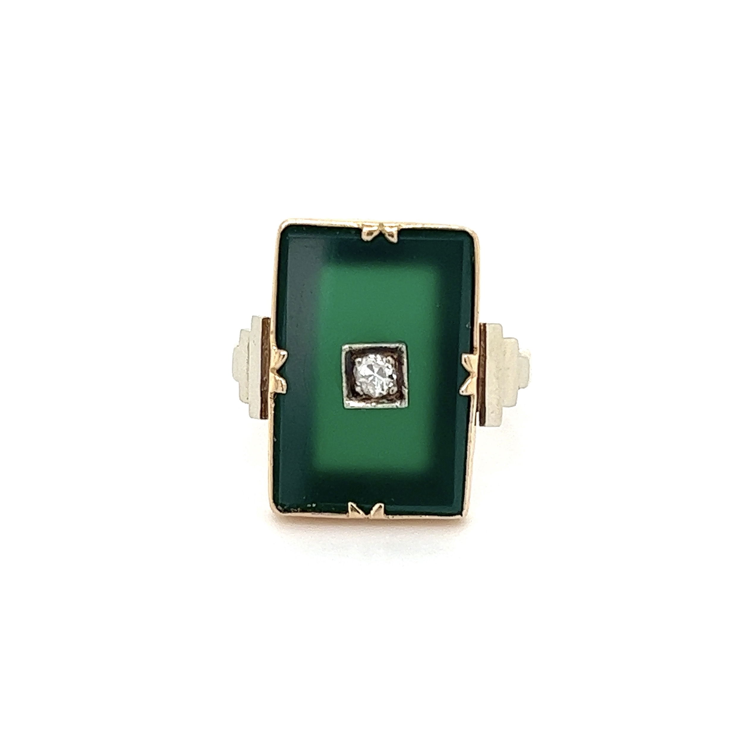 14K YG Art Deco Green Onyx Slab & .05ct (Chipped) Diamond Ring 2.9g, s6