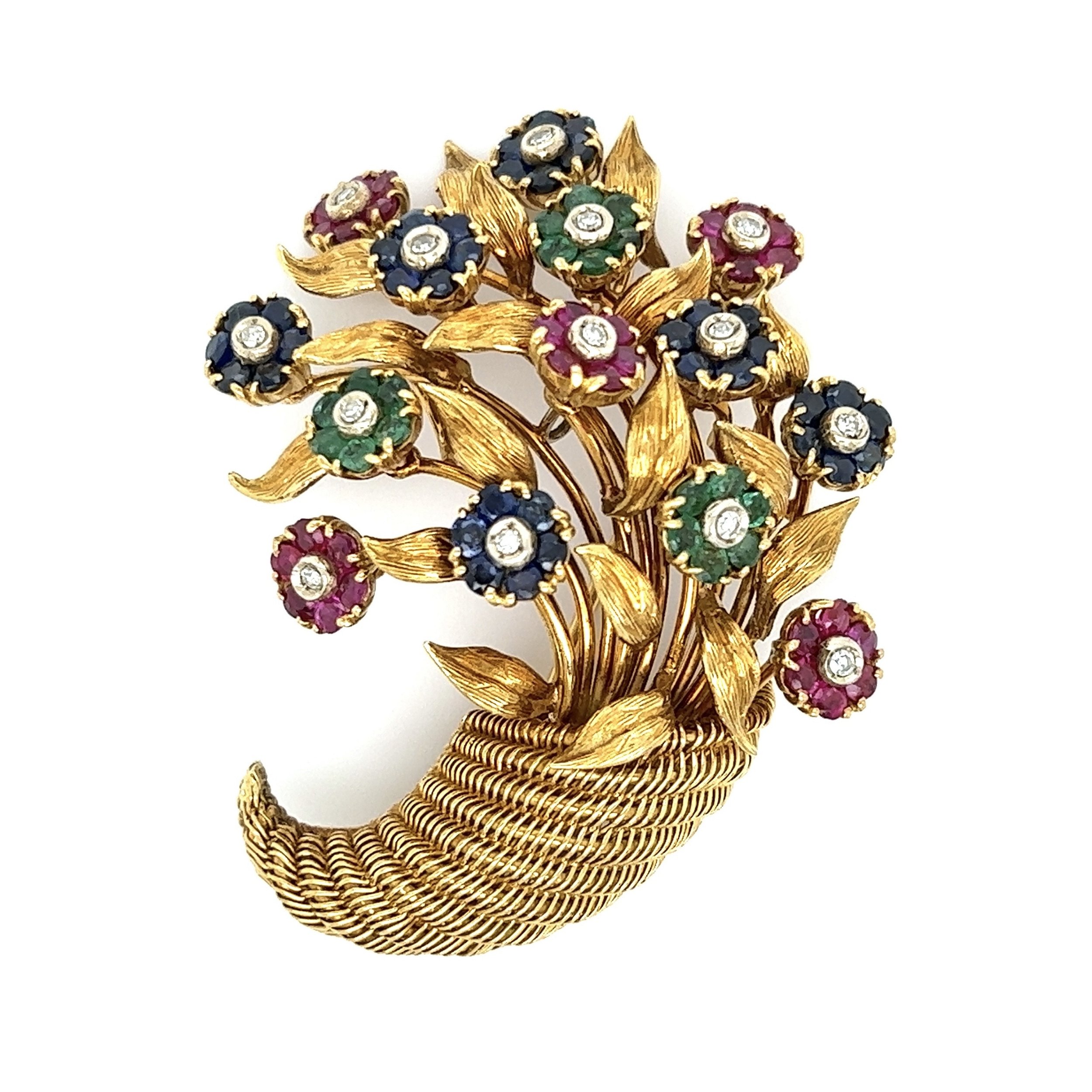 18K YG Italian TIFFANY & CO Flower Basket Articulating Diamond, Ruby, Sapphire, Emerald Brooch 25.3g