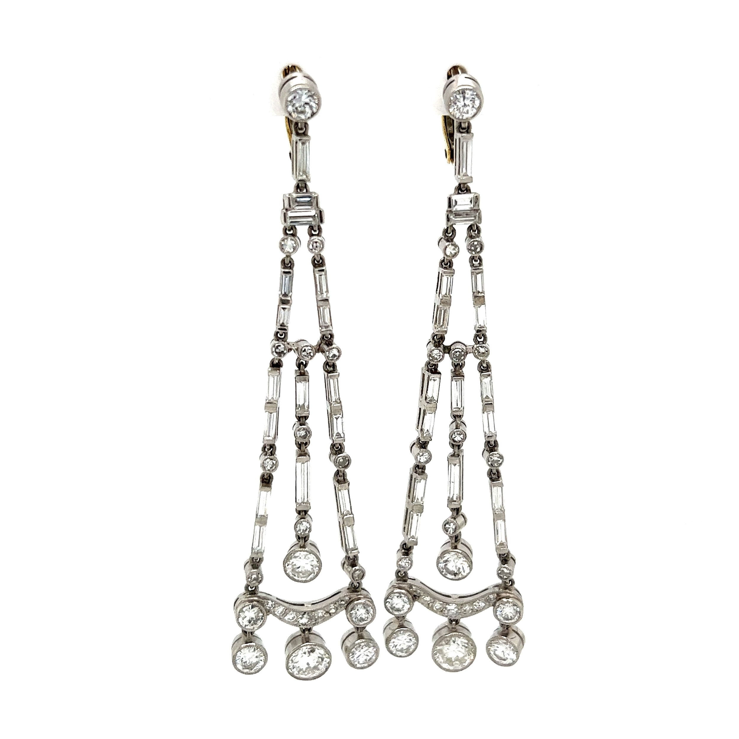 Platinum Art Deco Chandelier 6.20tcw Round & Baguette Diamond Drop Earrings 14.0g, 2.5"