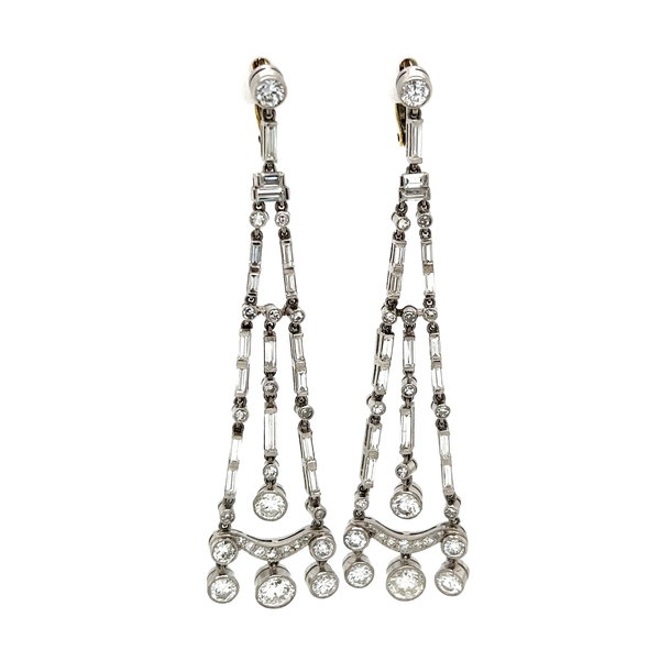 Closeup photo of Platinum Art Deco Chandelier 6.20tcw Round & Baguette Diamond Drop Earrings 14.0g, 2.5"
