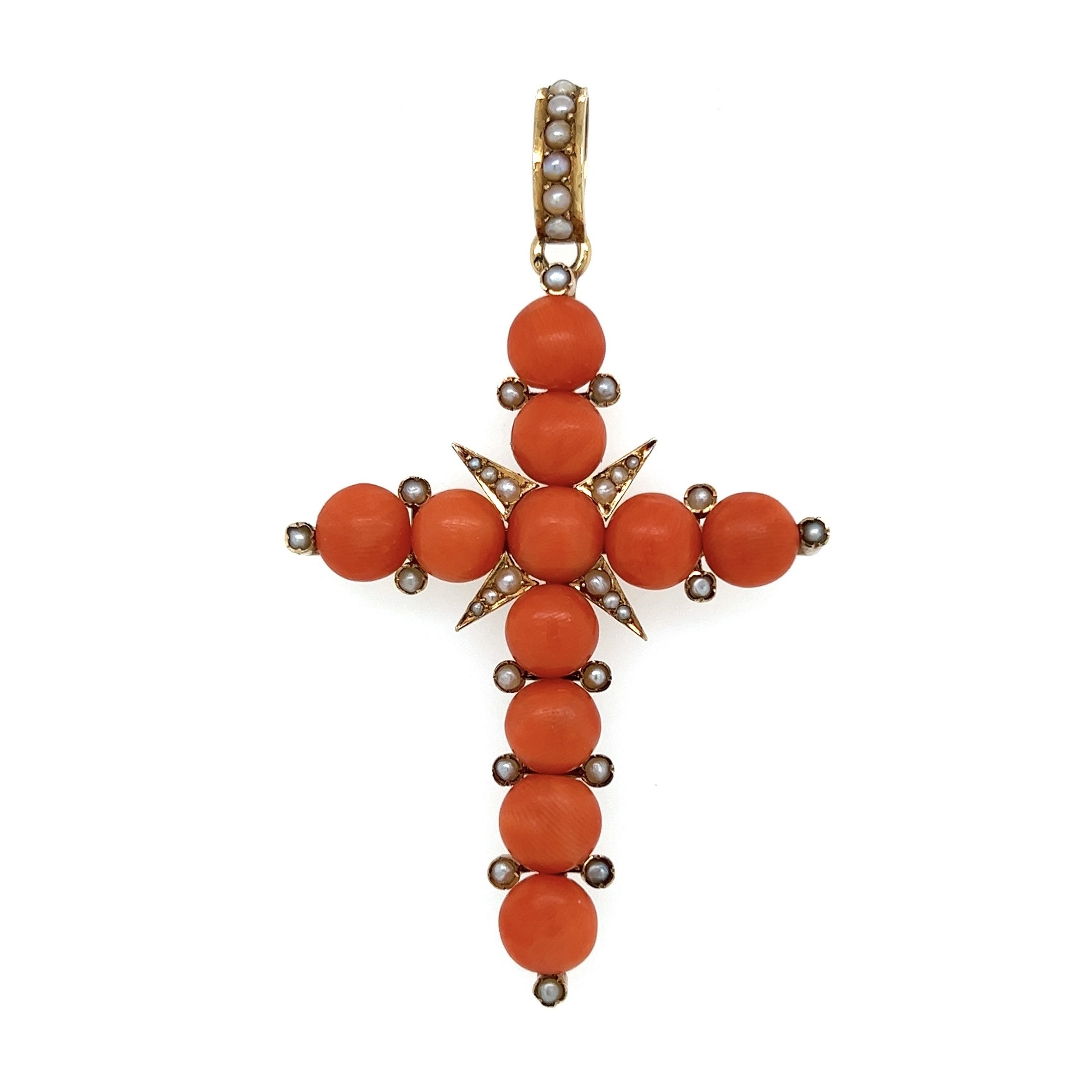 18K YG 1800's Victorian French Coral & Seed Pearl Cross Pendant 11.0g, 2.6"