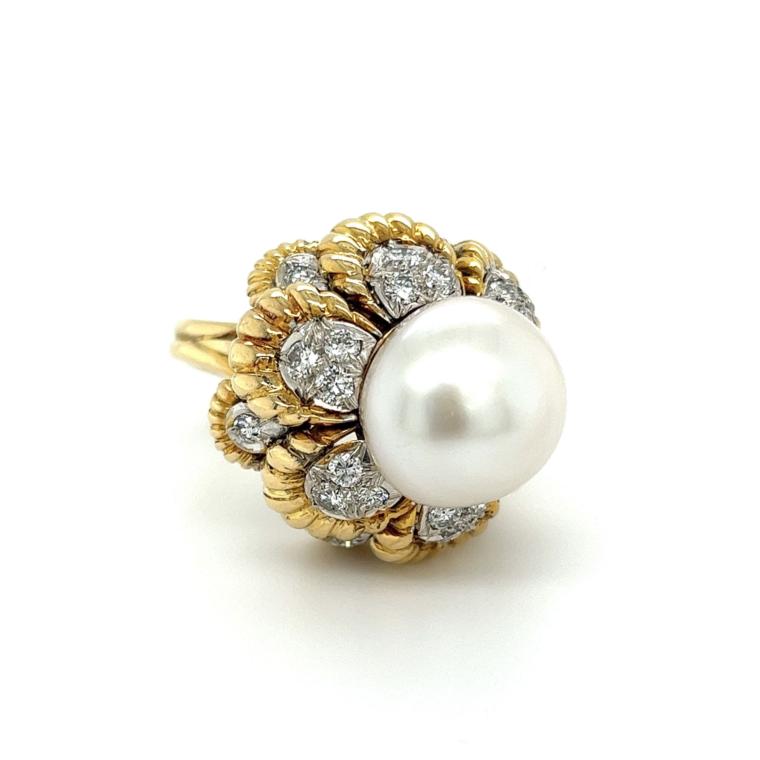 18K YG Buccellati Style 14.3mm Pearl on Dome 1.45tcw Diamond Ring 19.0g, s7.5