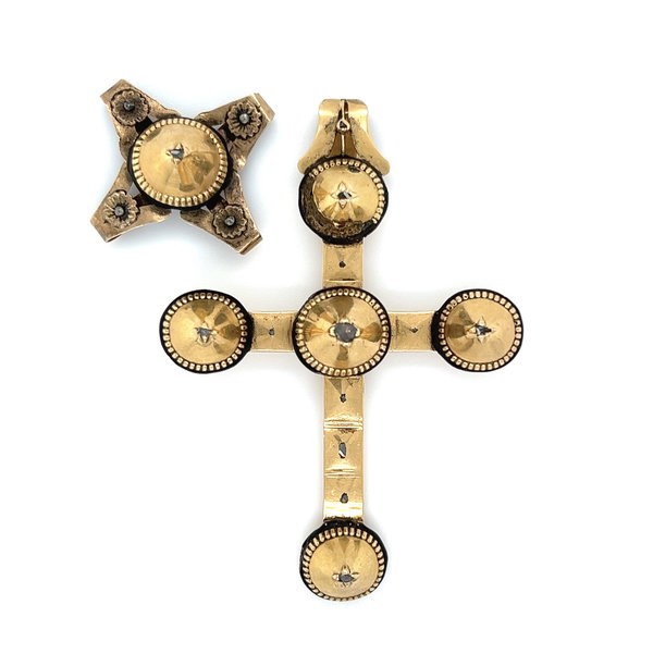 Closeup photo of 19th Century Medieval Rolled Gold Vermeil Ancient Diamond Flemish Cross Necklace & Top Section 13.5g, 2.5"
