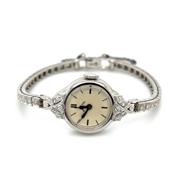 Closeup photo of 14K WG Art Deco Hamilton Round .90tcw Diamond Bracelet Watch 18.7g, 6.5"