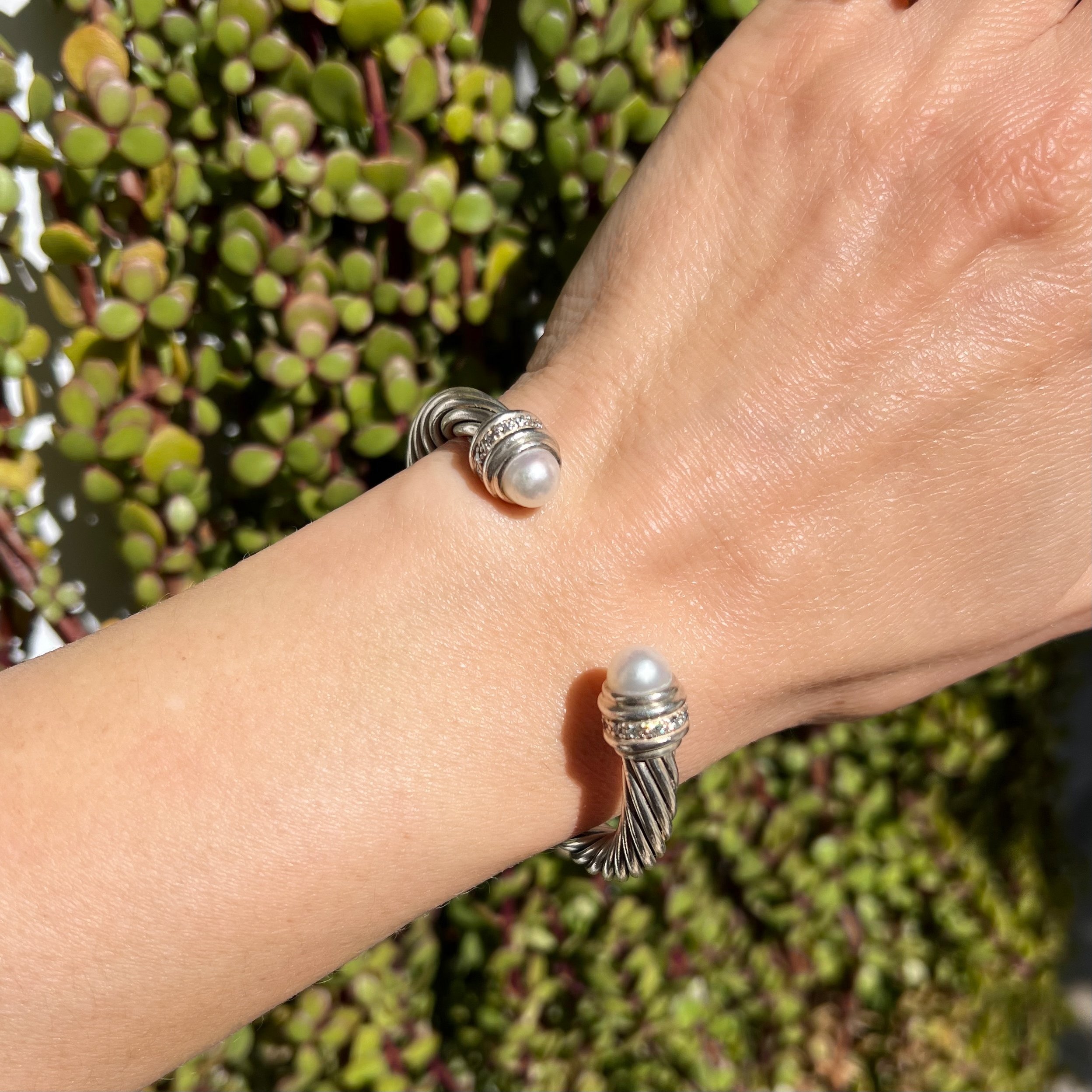 925 Sterling DAVID YURMAN Cable Classics Bracelet with 7.8mm Pearls and .41tcw Pavé Diamonds 42.5g