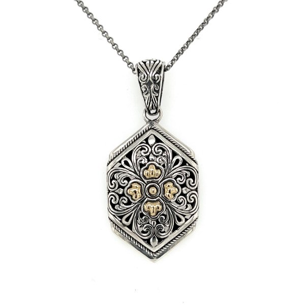 Closeup photo of 925 Sterling & 18K YG Diamond Shape Flower Design Necklace 13.1g, 30"