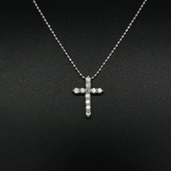Closeup photo of Platinum 900 .30tcw RBC 11 Diamond Cross Pendant on 18K WG Chain 2.0g, 16"