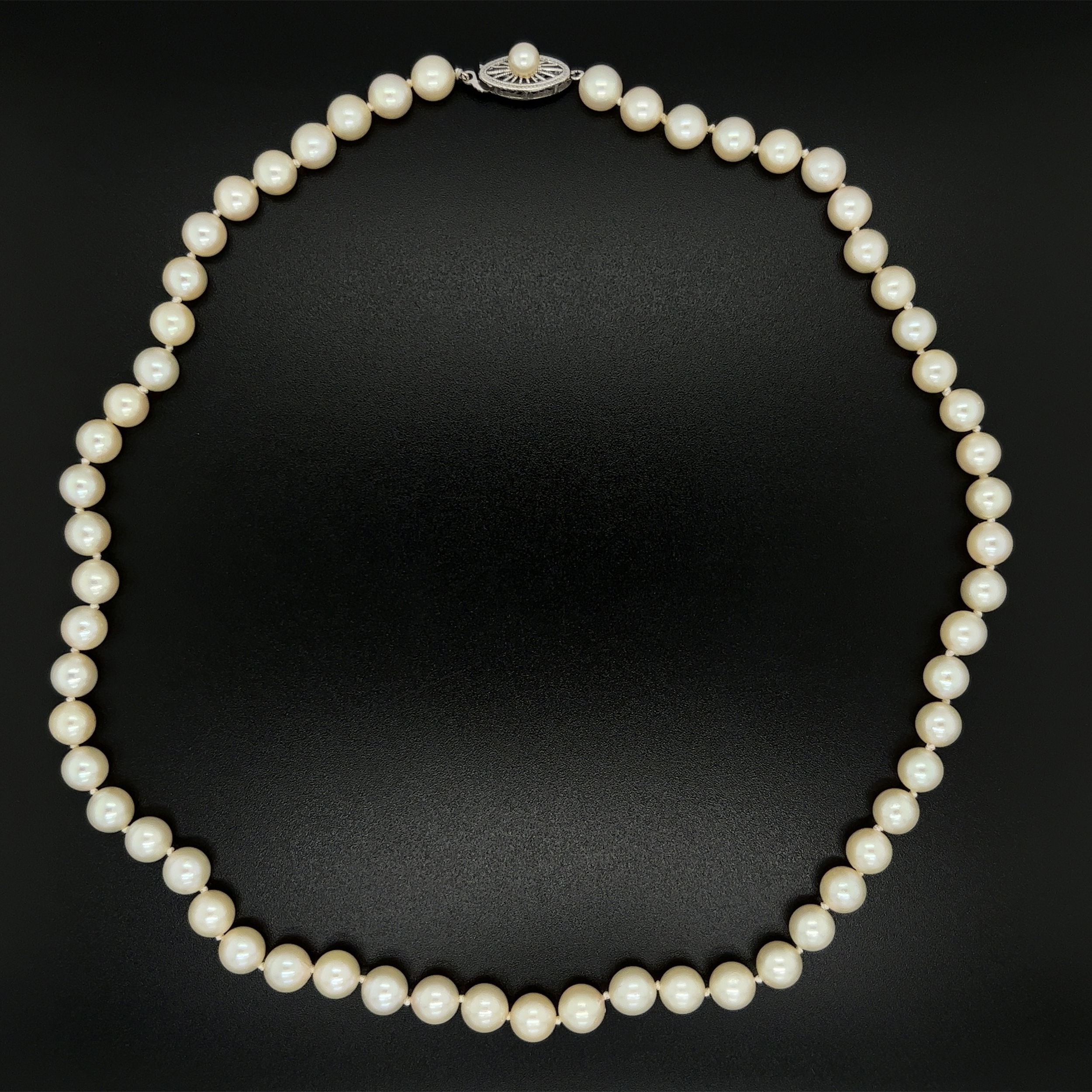 14K WG 6.5-6.0mm Round Pearl Necklace with Pearl Clasp 19.8g, 16"