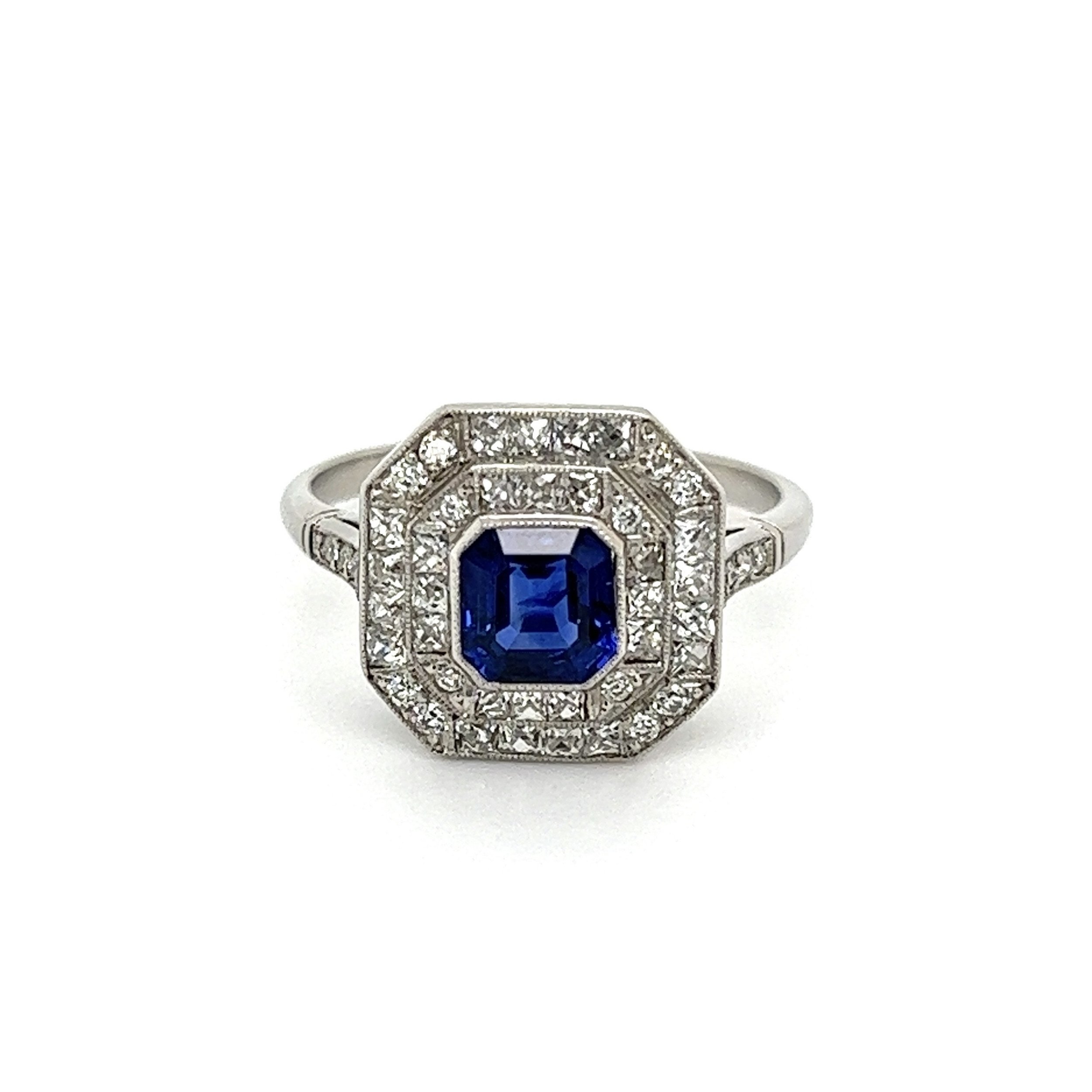 Platinum 1.10ct Asscher Sapphire Surrounded by 1.30tcw French & OEC Diamonds 5.3g, s7.25