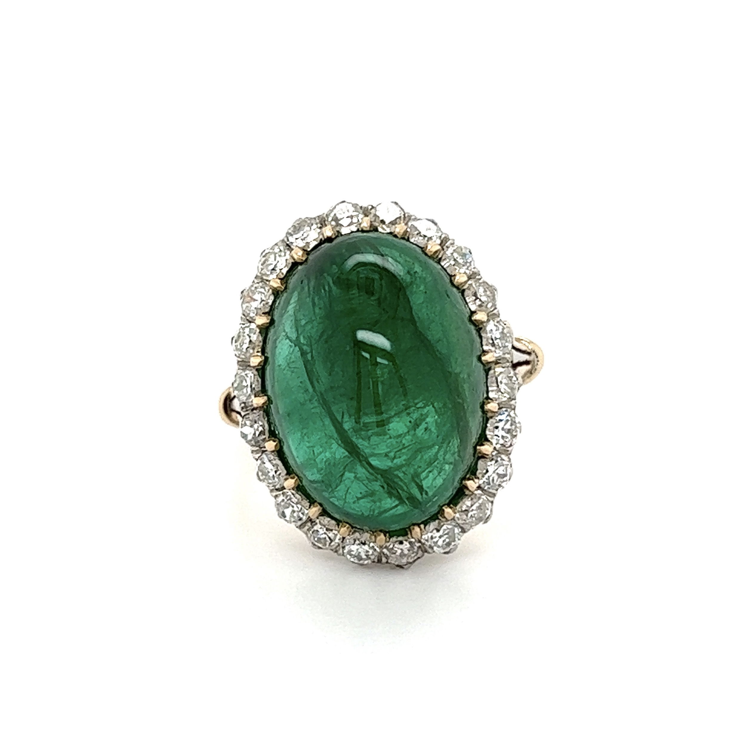 Platinum on 18K 17.25ct Cabochon Emerald & 1.30tcw Diamond Ring 8.8g, s7.25