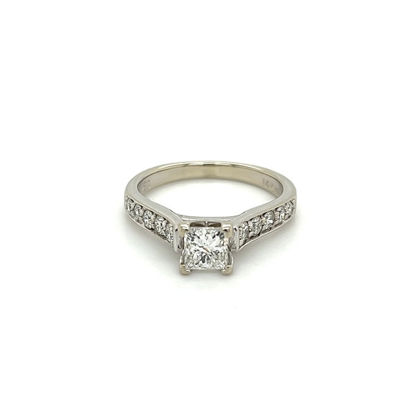 Closeup photo of 14K WG .62ct Princess Cut Diamond & .34tcw RBC Diamond Ring 3.8g, s6.5