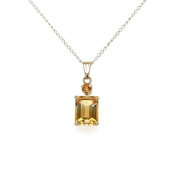Closeup photo of 14K YG 2ct Emerald Cut Citrine Solitaire Pendant Necklace 1.4g, 18"