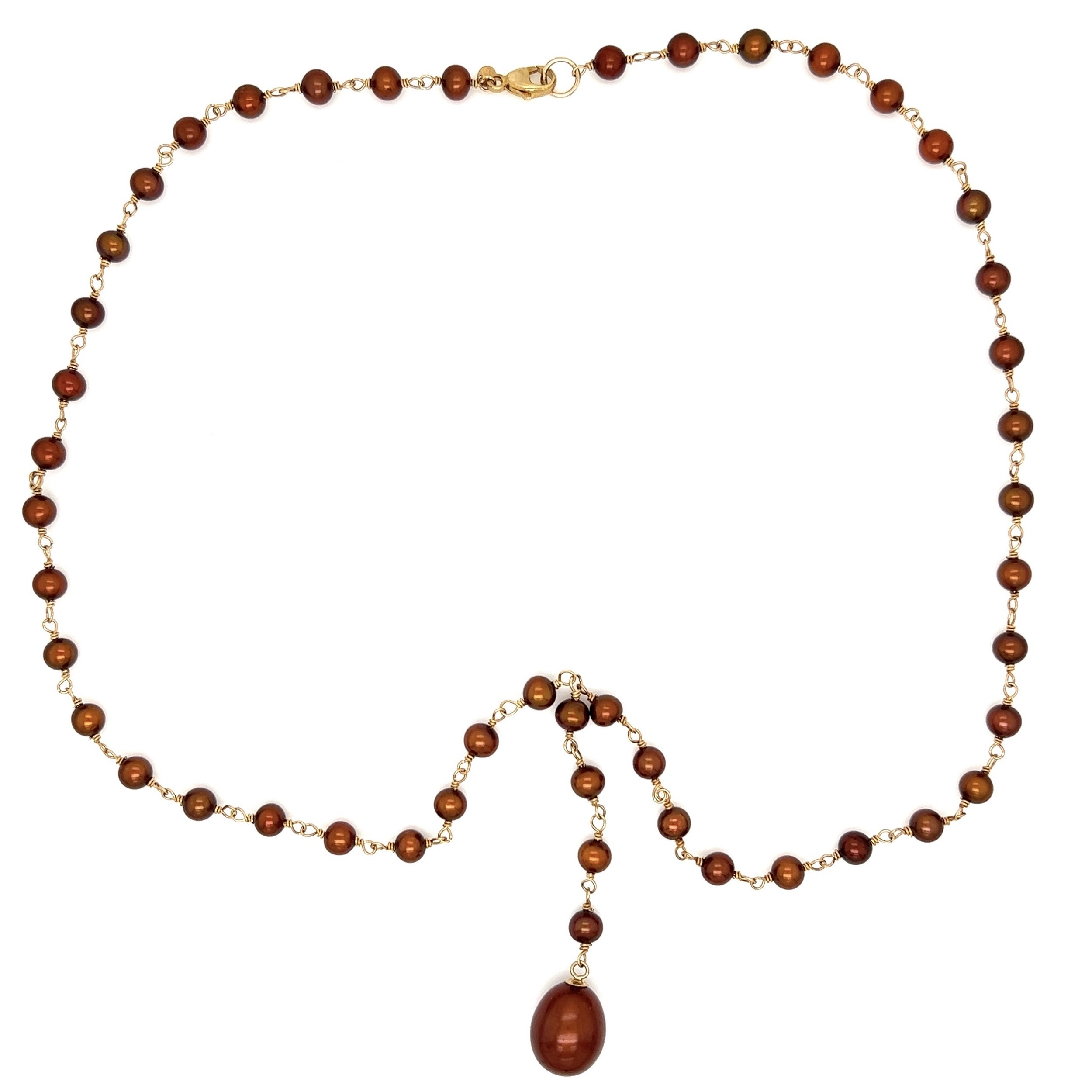 14K YG Chocolate (Dyed) 9mm & 3mm Freshwater Pearl Necklace 8.9g, 16"