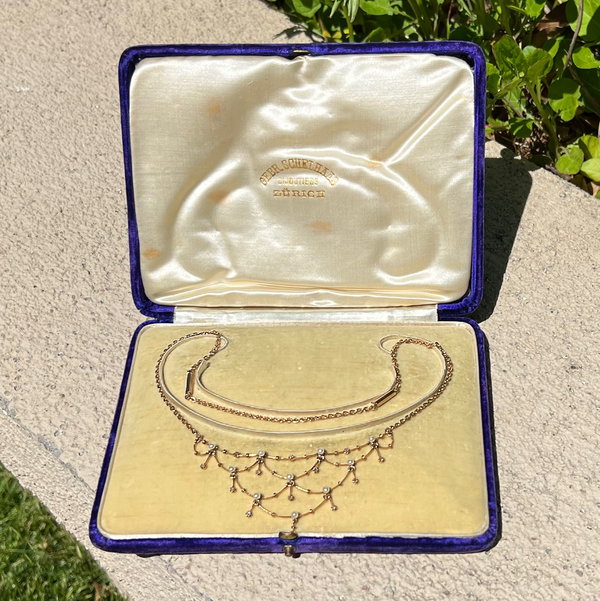 Closeup photo of 14K YG Victorian Lacy Seed Pearl & Diamond Bib Necklace 9.7g, 12.5" or 17"