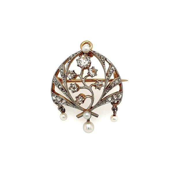 Closeup photo of Platinum on 14K Edwardian .90tcw Diamond & Seed Pearl Acorn Floral Brooch 5.8g