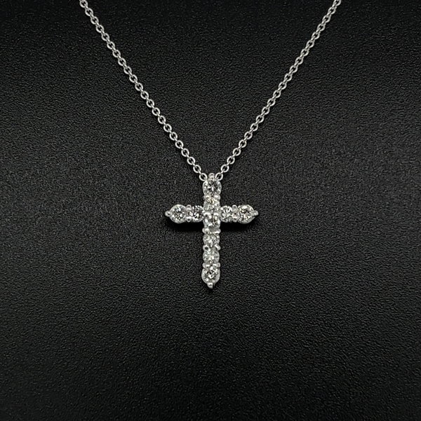 Closeup photo of 18K WG .30tcw RBC 10 Diamond Cross Pendant on 14K WG Chain 2.4g, 18"