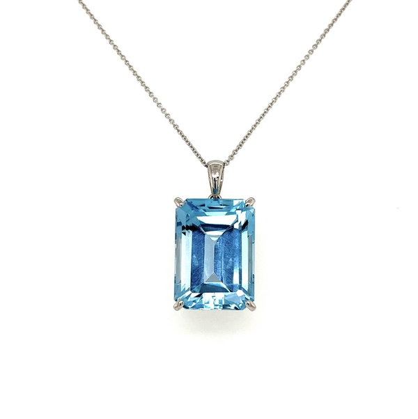 Closeup photo of 18K WG 20ct Emerald Cut Blue Topaz Pendant on 14K WG Chain 8.6g, 18"