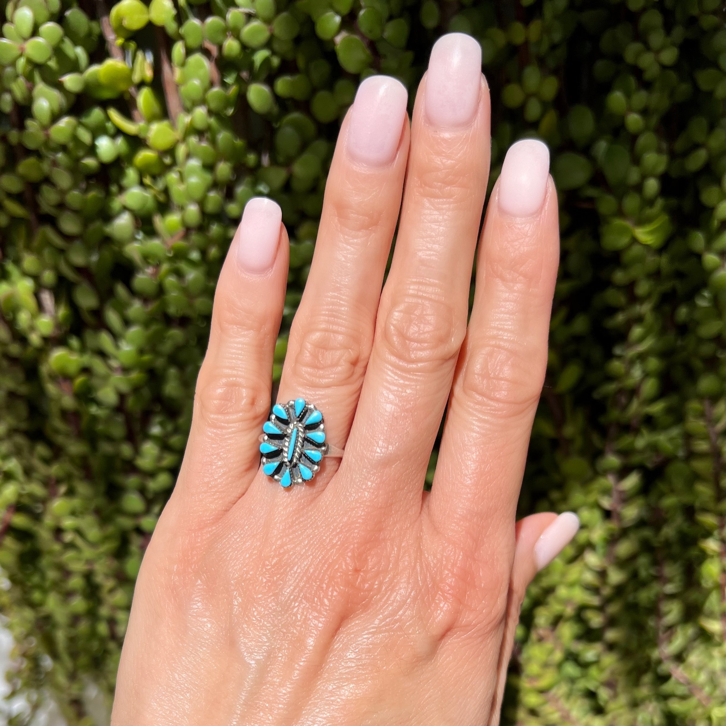 925 Sterling Zuni Turquoise Petit Point Satellite Cluster Ring 2.0g, s7.5
