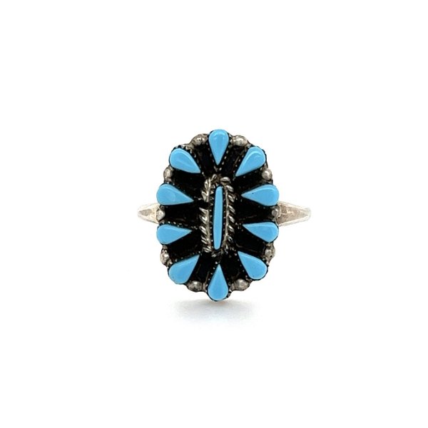 Closeup photo of 925 Sterling Zuni Turquoise Petit Point Satellite Cluster Ring 2.0g, s7.5