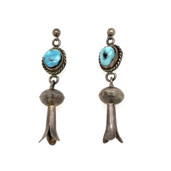 Closeup photo of 925 Sterling Zuni Turquoise Satellite Drop Earring 7.4g, 2.0"