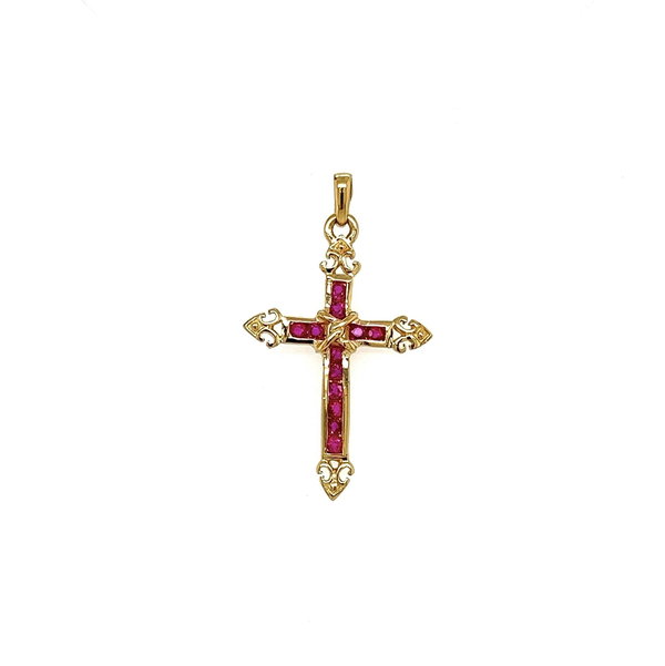 Closeup photo of 14K YG 12 Ruby .24tcw Cross Pendant 1.3g, 1.25"