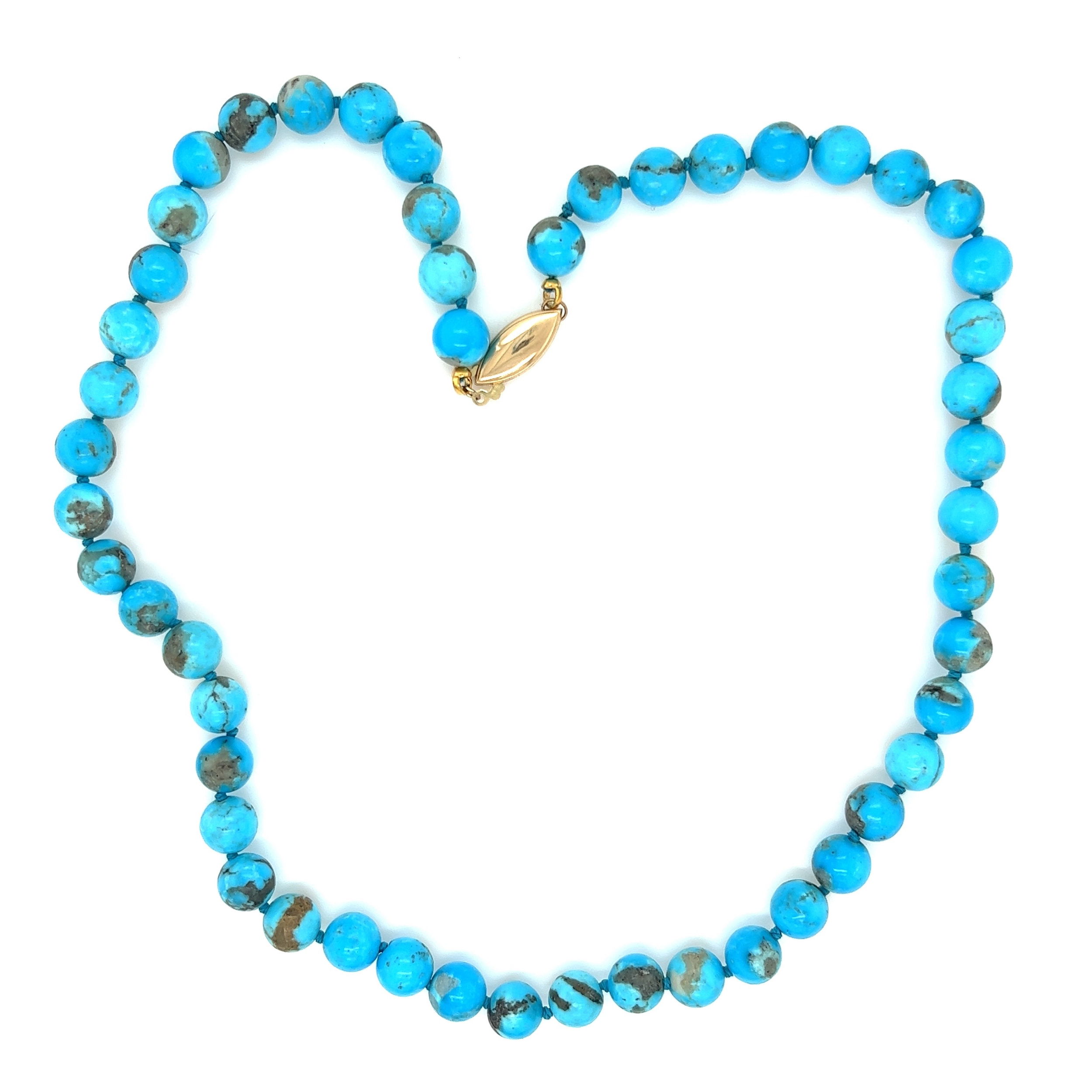 18K YG KINGMAN Deep Blue Round 8.00mm Turquoise with Matrix Bead & Rhondels Necklace 32.3g, 18"