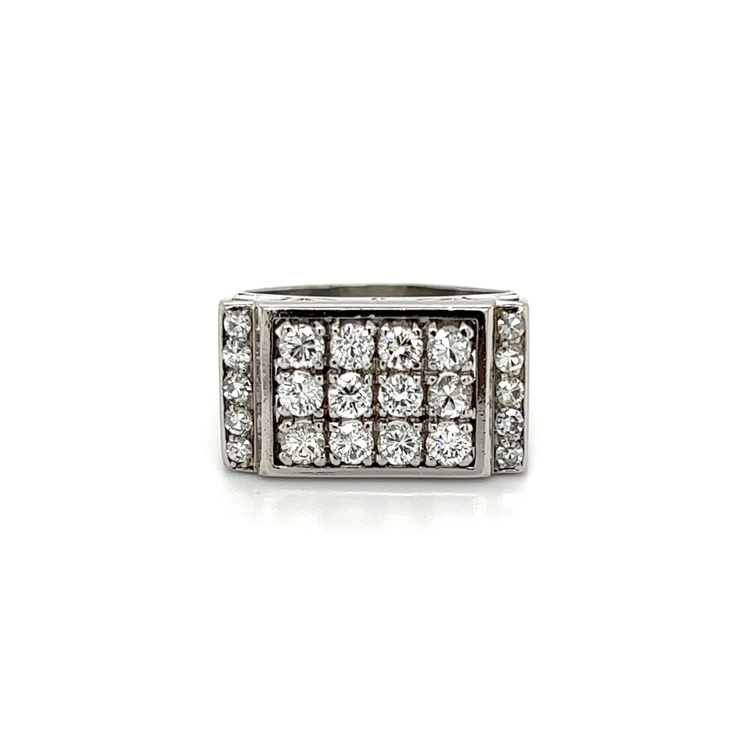 Platinum 1950's Mid Century Engraved Block 1.15tcw Diamond Ring 9.7g, s6.75