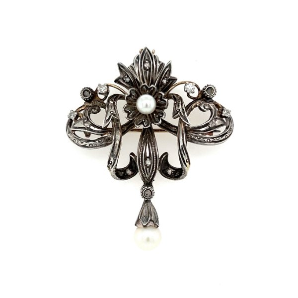 Closeup photo of Silver on Gold French Victorian .25tcw Diamond & Pearl Brooch Pendant 9.8g