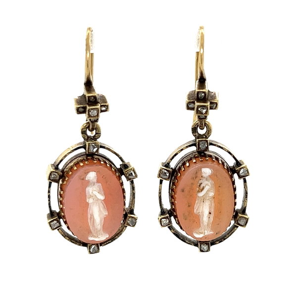 Closeup photo of 14K YG Victorian Hardstone Cameo & .32tcw Diamond Drop Earrings 9.6g