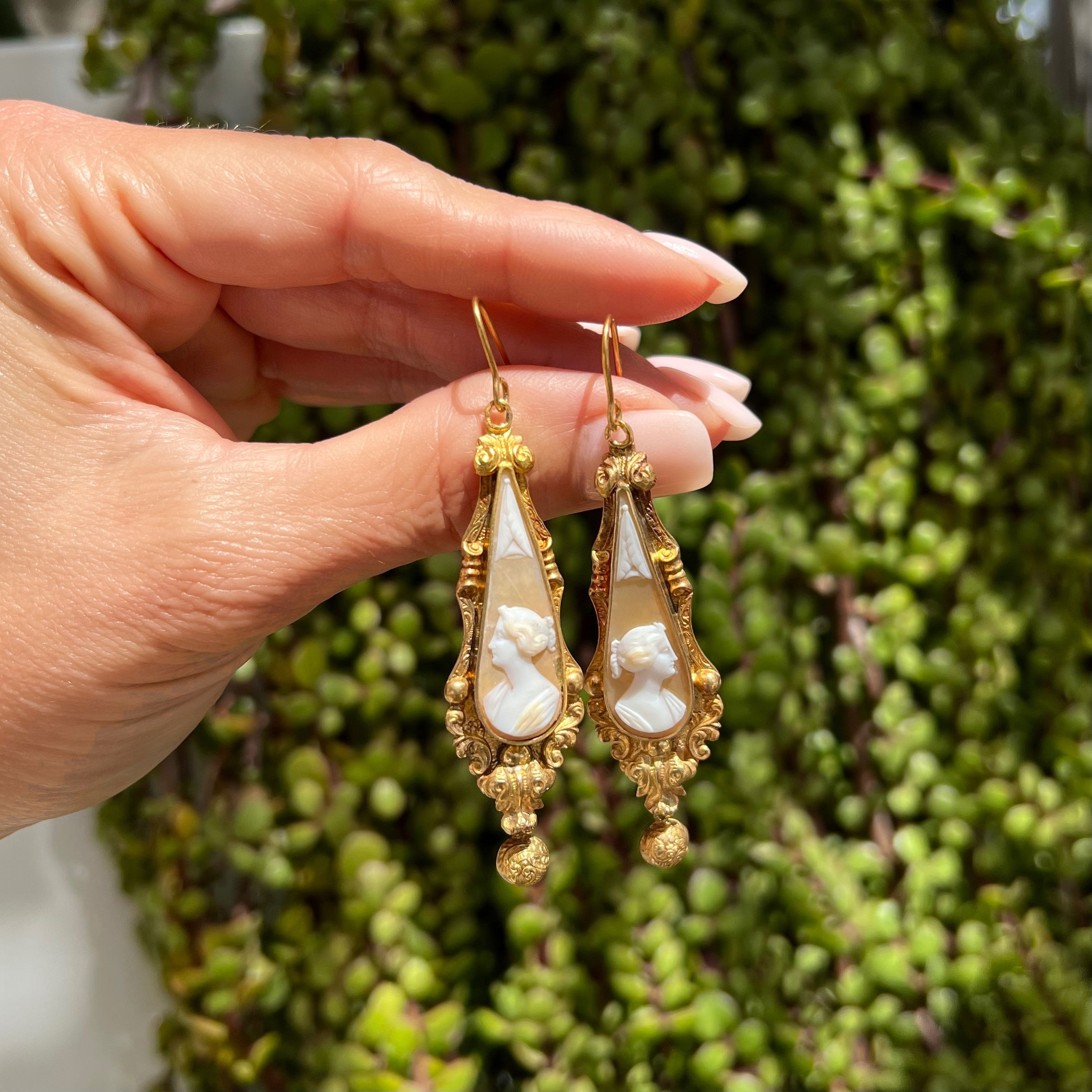 18K YG Shell Cameo Drop Earrings on Shepherds Hooks 6.5g, 2.8"